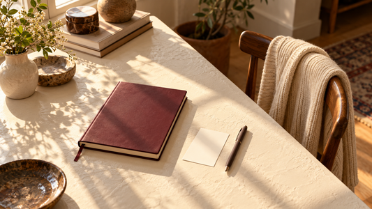 A closed blank burgundy planner, blank appointment card, and cocoa pen on a warm stone desk beside a chair with a cream cardigan.