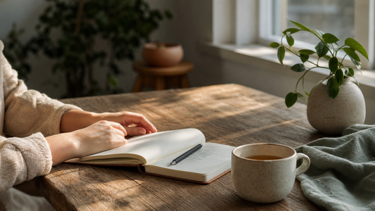 Open journal, tea, and soft morning light on a wooden table, representing how to regulate emotions with gentle reflection.