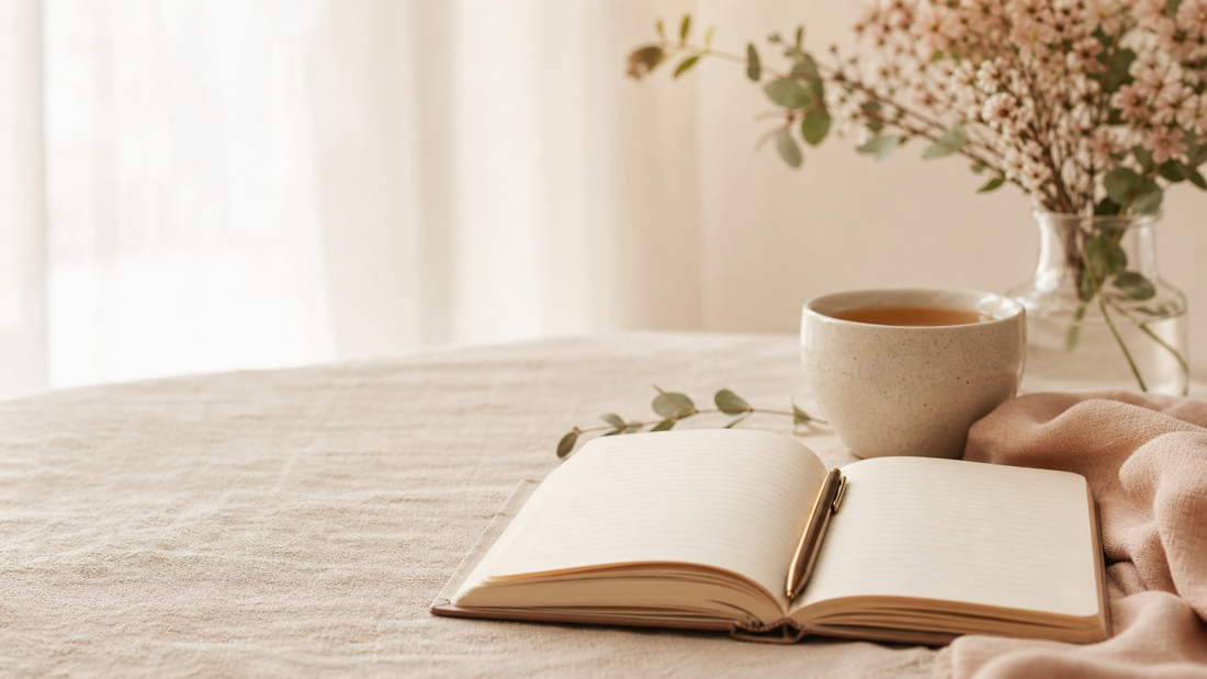 Calm still life with an open journal, pen, and a cup of tea in soft neutral light, representing learning to stop people pleasing with gentle boundaries.
