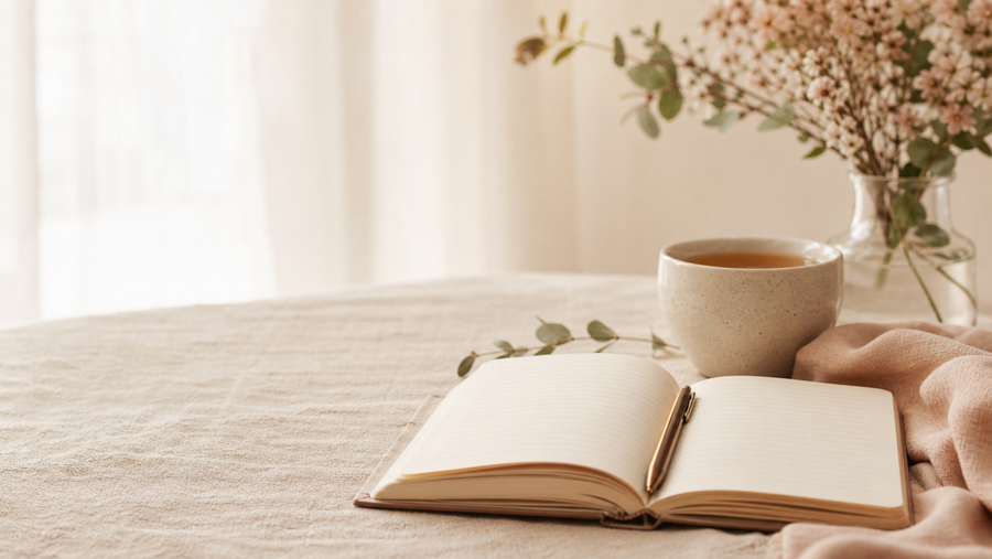 Calm still life with an open journal, pen, and a cup of tea in soft neutral light, representing learning to stop people pleasing with gentle boundaries.