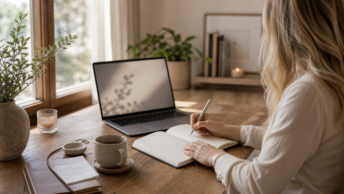 Tessa working at a laptop in a warm office, representing safe AI-supported self-reflection.