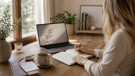 Tessa working at a laptop in a warm office, representing safe AI-supported self-reflection.
