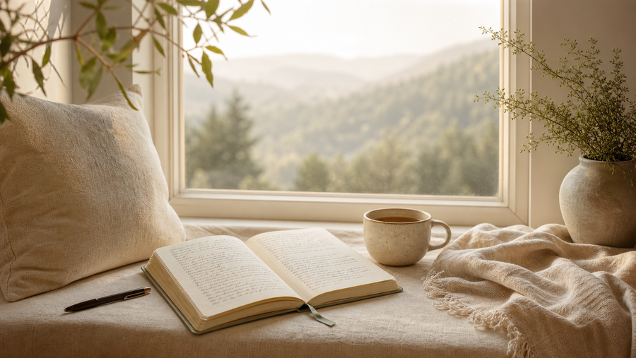 Quiet window-seat journaling scene with an open handwritten notebook, ceramic tea mug, linen throw, and muted greenery in soft morning light, representing gentle journal prompts for anxiety and calm reflection.