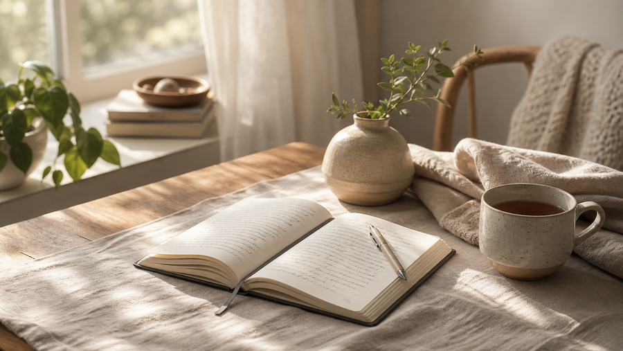 Soft neutral interior with an open handwritten journal, a ceramic mug, and gentle morning window light, representing calm journal prompts for anxiety and grounded reflection.