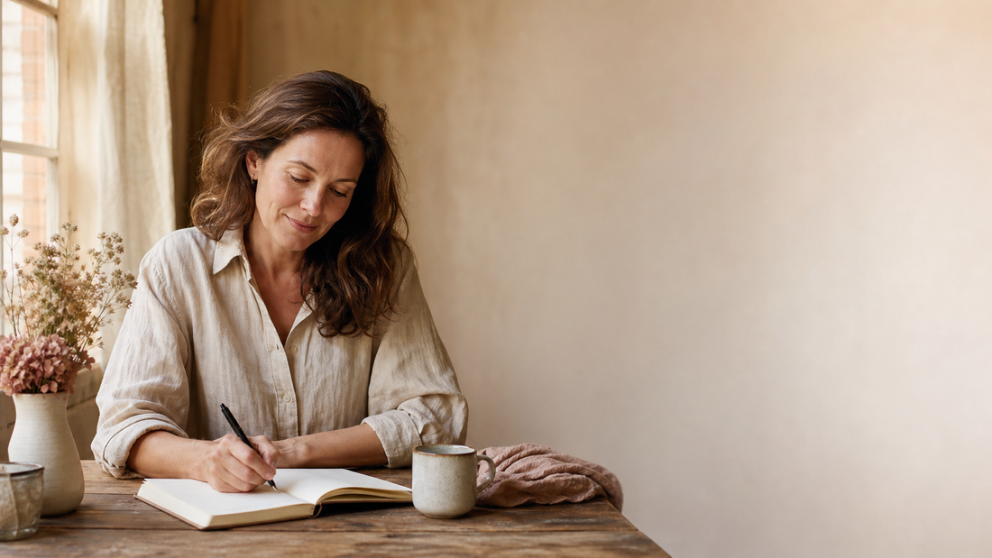 Adult woman writing gently in a journal beside a window, tea, and dried flowers for a psychologist-written healing prompts guide.