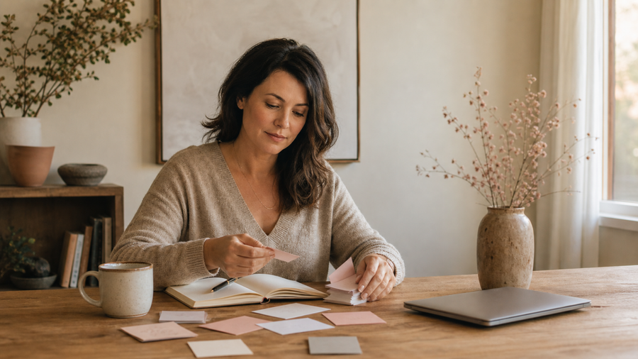 Woman sorting small paper notes beside an open journal, closed laptop, and ceramic mug at a warm wooden table.