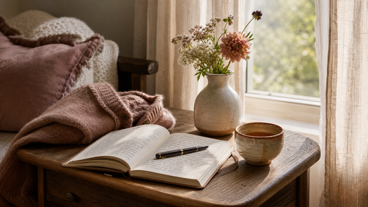 Open journal, fountain pen, tea, dusty-rose knit, and garden flowers in warm morning window light.
