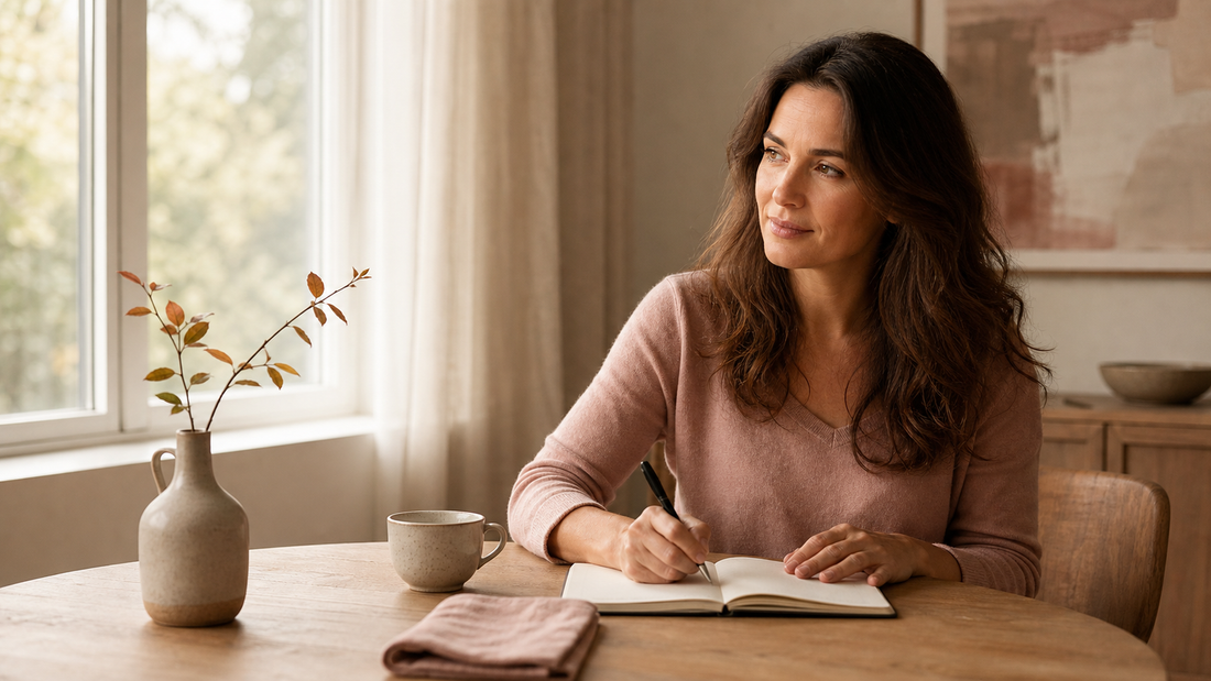 Thoughtful woman writing in an open journal at a round wooden table in soft morning window light.