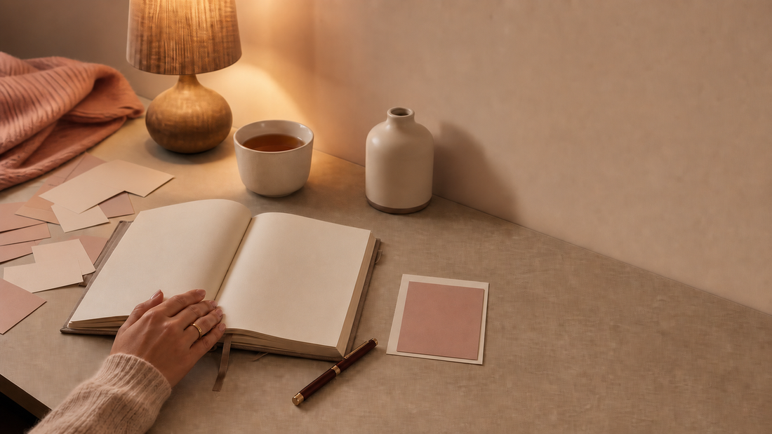 Open journal and blank note cards arranged on a warm evening desk for gentle overthinking reflection.