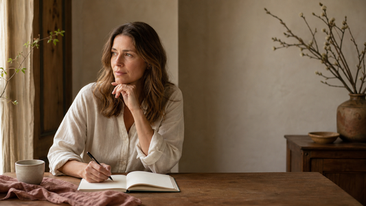 Thoughtful woman pausing while writing in a blank journal at a walnut table in warm window light.