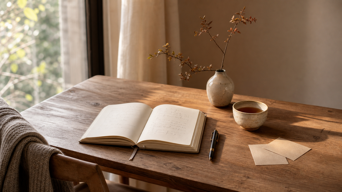 Open journal, tea, and pen on a warm wooden table beside a softly lit window for gentle self-growth reflection.