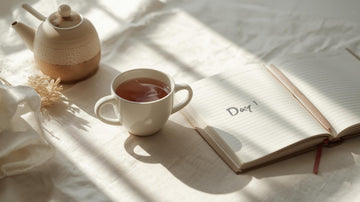 Morning sun with a cup of tea and a notebook open on Day 1, symbolising a gentle 30-day burnout recovery habit using ACT, self-compassion and AI-guided Prompt Flows from Talk2Tessa.