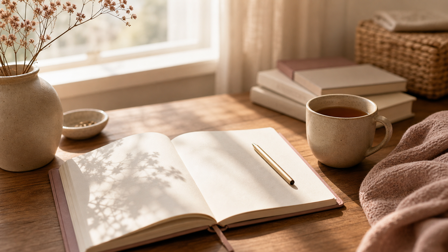 Warm desk with notebook and tea for nervous system regulation affirmations by Talk2Tessa.