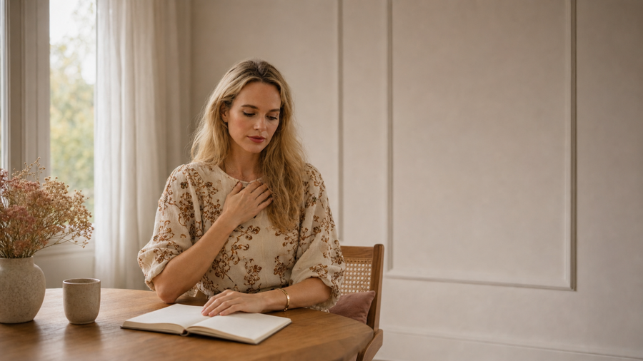 Tessa, MSc Psychologist, pauses with one hand on her chest beside an open notebook in a warm, quiet room.