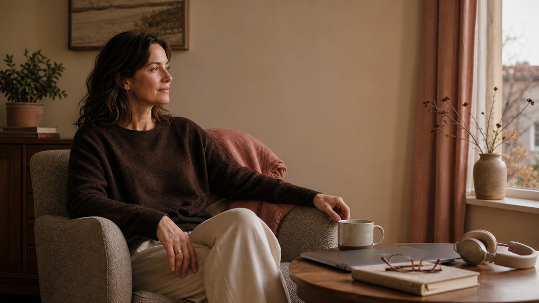 Thoughtful woman seated in a warm cocoa and cream living room beside a closed laptop, notebook, mug, and headphones at the end of the day.