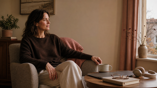 Thoughtful woman seated in a warm cocoa and cream living room beside a closed laptop, notebook, mug, and headphones at the end of the day.