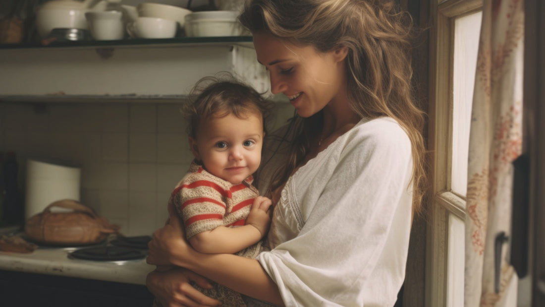 Mother holding her baby boy in a soft, sunlit kitchen — capturing the tenderness, exhaustion, and emotional load often seen in parental burnout, illustrated in a warm psychologist-designed parenting guide by Talk2Tessa.