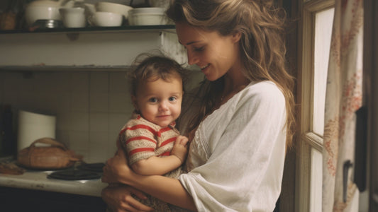 Mother holding her baby boy in a soft, sunlit kitchen — capturing the tenderness, exhaustion, and emotional load often seen in parental burnout, illustrated in a warm psychologist-designed parenting guide by Talk2Tessa.