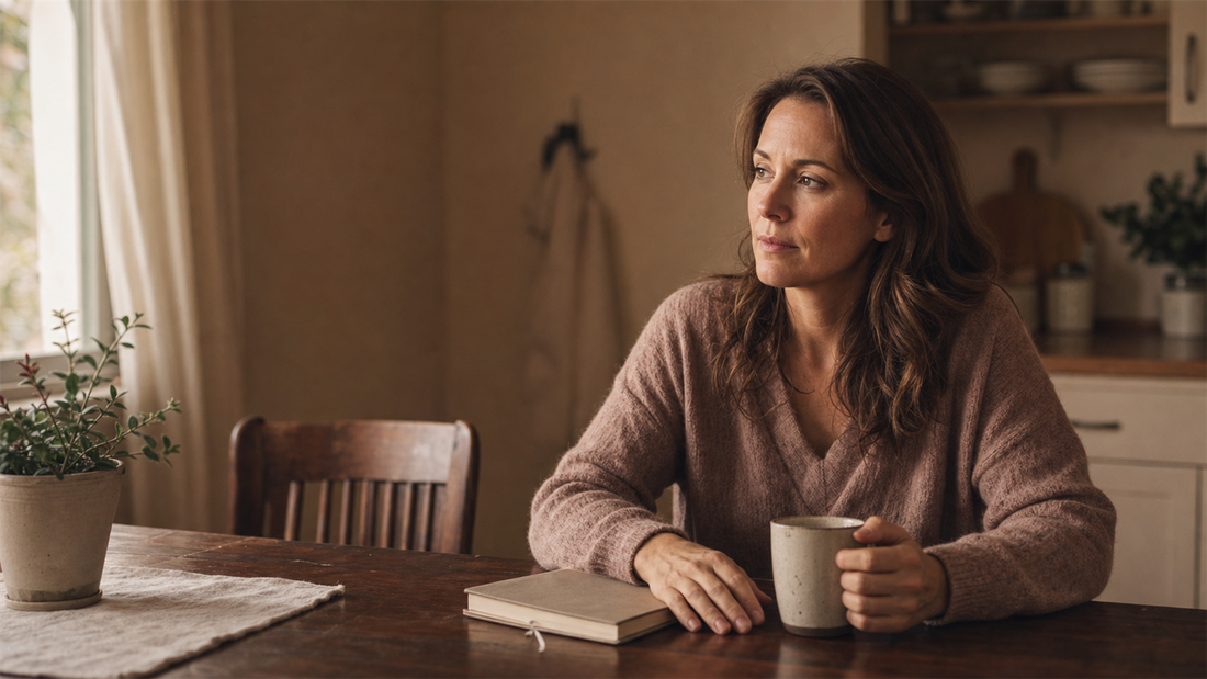 A thoughtful adult daughter sitting at a warm kitchen table after carrying responsibility for others.