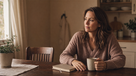 A thoughtful adult daughter sitting at a warm kitchen table after carrying responsibility for others.