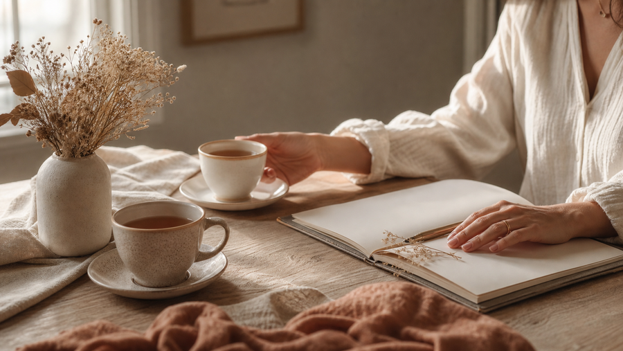Two teacups and journal in a warm editorial still life for people-pleasing article by Talk2Tessa