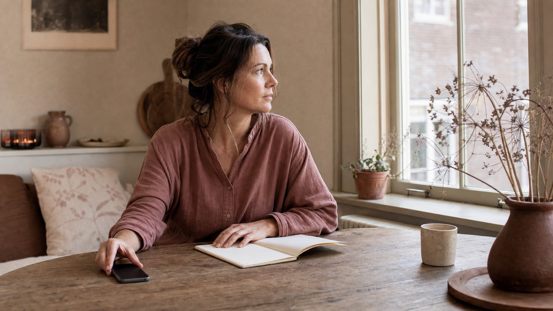 Woman pausing beside an open journal after turning her phone face down in a warm quiet room