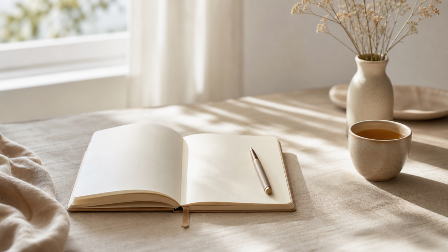 Wide calm still life with an open journal, pen, and a cup of tea in soft neutral light, representing people pleasing journal prompts and gentle reflection.