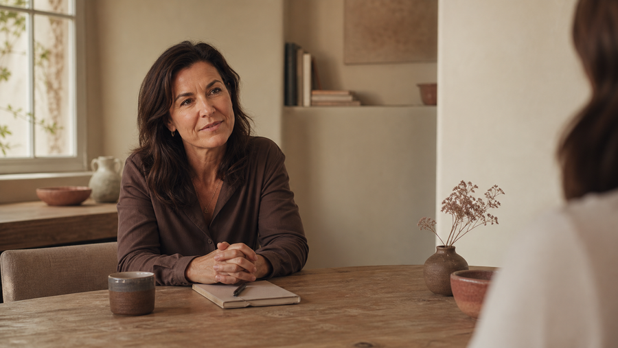 A thoughtful woman listening across a quiet table, reflecting the social scanning behind people pleasing.