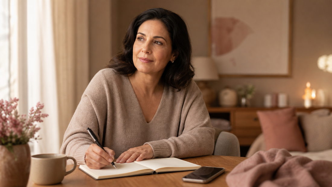 Thoughtful adult woman pausing beside her phone while writing her own preference in a notebook during people pleasing recovery.