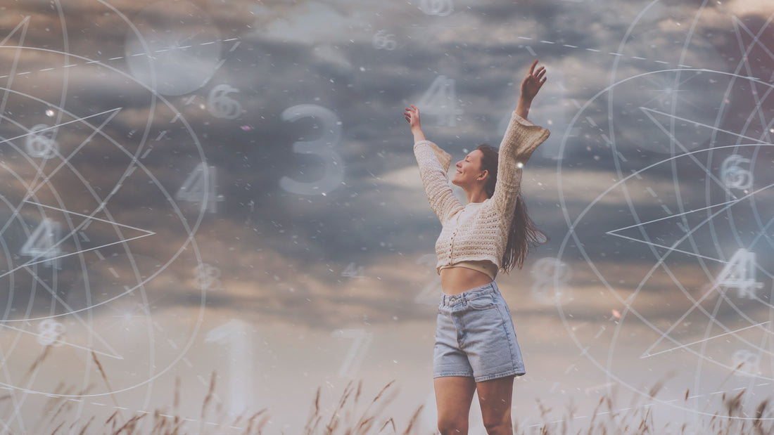Woman standing in a field with soft floating quantum-style numbers, symbolizing intention, mindset and the gentle psychology behind positive affirmations — Talk2Tessa.