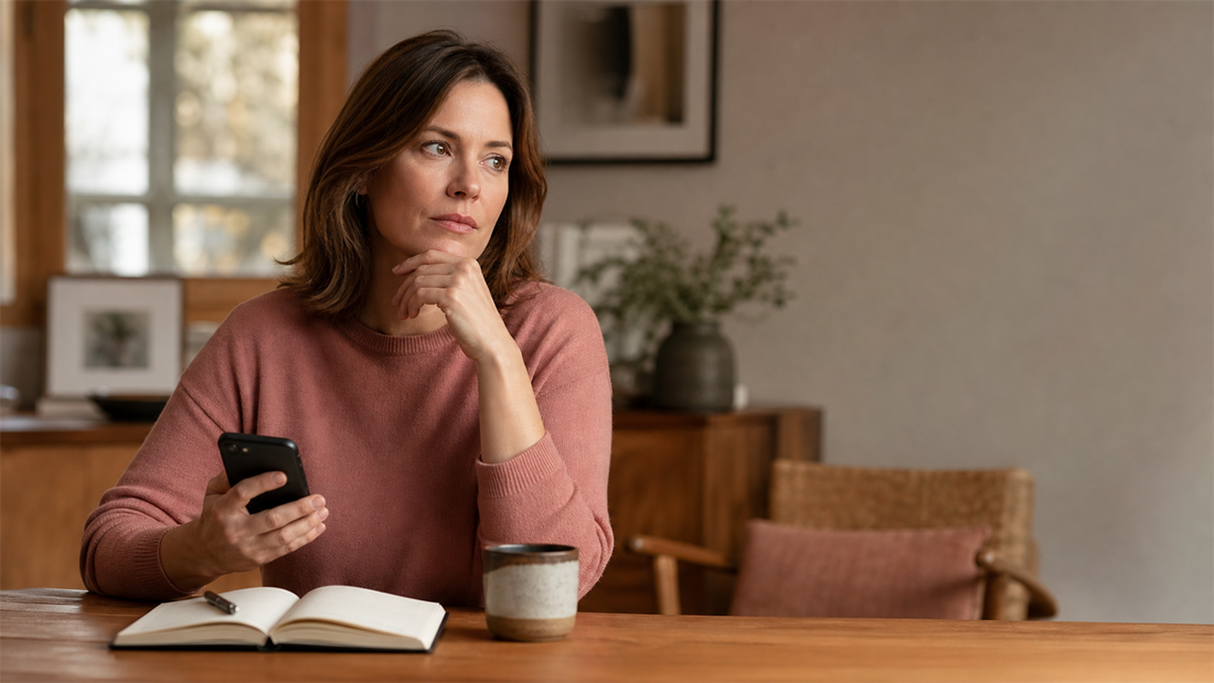 Woman with ADHD pausing over an unread message at a warm wooden table while writing facts and fears in separate notebook columns.
