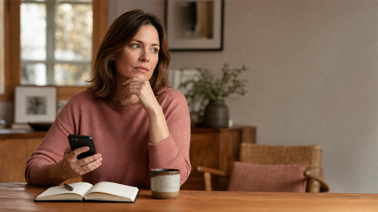Woman with ADHD pausing over an unread message at a warm wooden table while writing facts and fears in separate notebook columns.