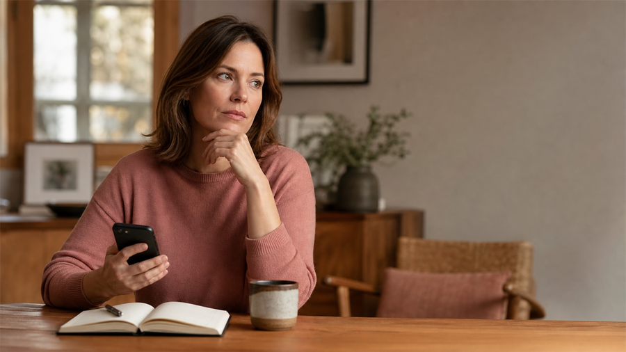 Woman with ADHD pausing over an unread message at a warm wooden table while writing facts and fears in separate notebook columns.