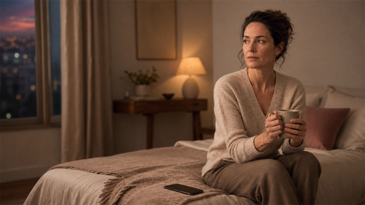A thoughtful woman holding a mug in warm evening light while mentally replaying an earlier conversation.