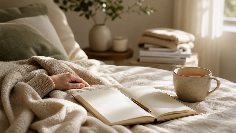 Quiet sofa, blanket, open journal, tea, and morning light for a blog about resting when you feel responsible for everyone.