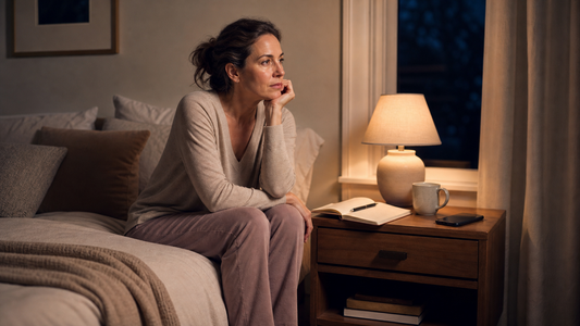 Thoughtful woman sitting beside a journal, warm lamp, mug, and face-down phone at night while noticing a ruminating thought loop.