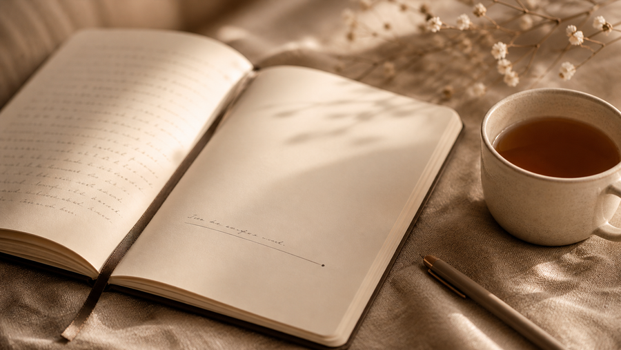 Open journal in warm light for rumination vs overthinking article by Talk2Tessa
