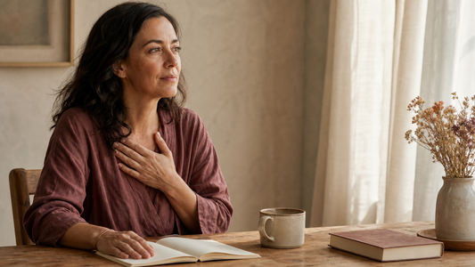 Thoughtful woman sitting at a wooden table with one hand near her heart and the other beside an open notebook in warm natural window light.