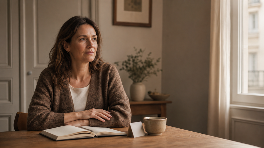 A thoughtful adult woman pauses with her hands resting together beside an open notebook and tea in a warm, quiet room.