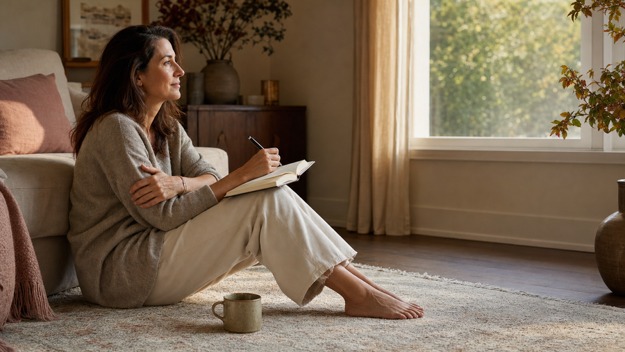 Woman sitting beside a sofa with a journal, using self-compassion prompts in warm late-summer light.