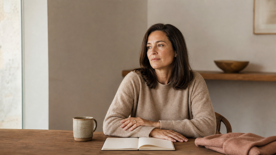 Thoughtful woman sitting at a wooden table in warm window light with her hands resting beside a blank open notebook and ceramic cup.