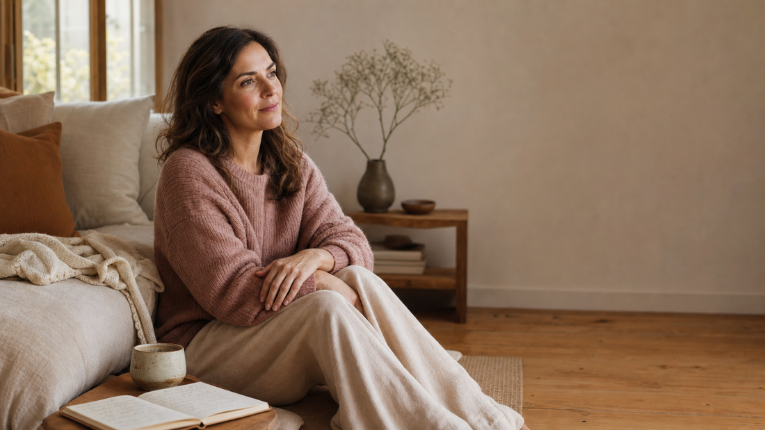 Woman sitting beside a sofa and open journal in warm natural light, pausing with a cup nearby while practicing self-compassion.