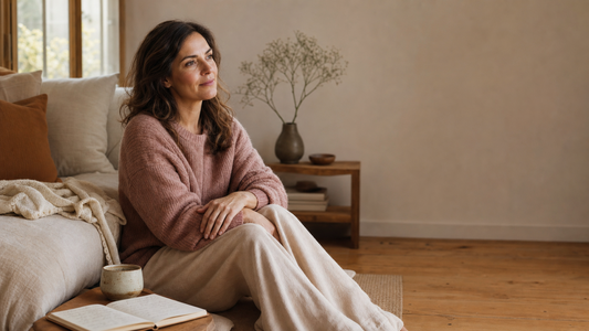 Woman sitting beside a sofa and open journal in warm natural light, pausing with a cup nearby while practicing self-compassion.