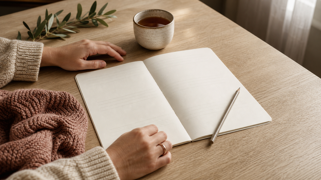 Natural hands resting beside an open blank journal, pencil, tea, and dusty-rose knit on a warm wooden table.