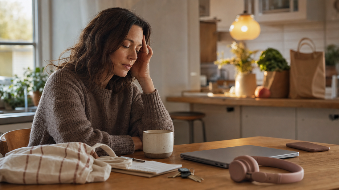 A thoughtful woman sitting at a warm kitchen table with a mug, closed laptop, headphones, phone, and keys nearby.