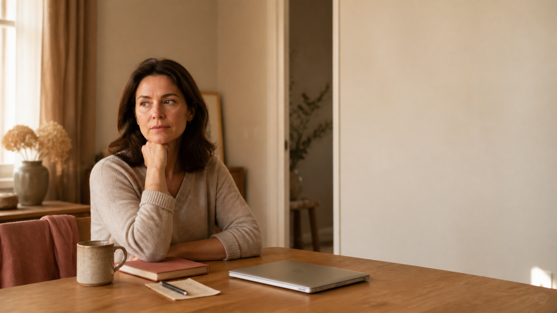 Thoughtful woman noticing early signs of burnout beside a closed laptop, notebook, and ceramic mug in warm afternoon light.