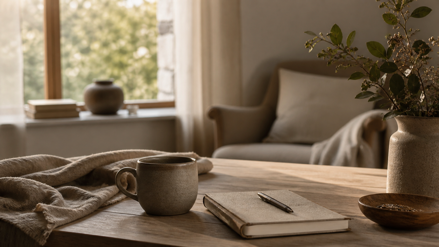 Warm calm interior with soft window light, a mug, and a journal on a wooden table, representing survival mode in everyday life and a gentler return to rest.