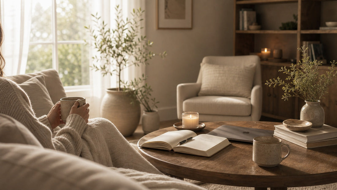 Soft morning light in a calm room, representing the difficulty of resting when the body still feels on guard.