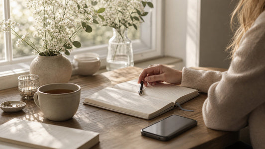 Hands journaling in a calm workspace, representing reflection after replaying conversations.