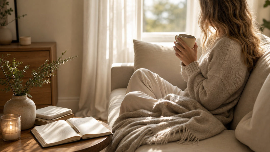 Gentle journaling scene in soft light, representing rest guilt and self-compassion.